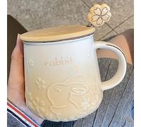 Xfeyaqlo Taza Conejo Flor de Cerezo 420ml, Bonitas Taza Sakura, Linda Taza con Cuchara y Tapa, Tazas Café Cerámica, Una Buena Opción de Regalo (Amarillo)