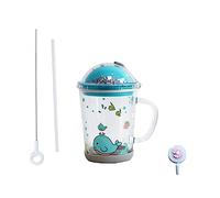 Xfeyaqlo Taza de Leche con Pajita, Reutilizable Tazas para Medición, con tapa, funda inferior antideslizante y pajita de silicona, para té de jugo de leche, para microondas, 400 ml (Pez Azul)