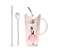 Xfeyaqlo Taza Grande para Chicas y Mujeres - Reina Confiada, Taza de Café y Desayuno de Oficina con Pajita, Tapa y Cuchara - Cerámica, 600ml (B)