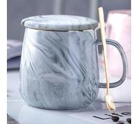 Xfeyaqlo Tazas Mármol, Tazas Café con Leche, Taza con Cuchara y Tapa Tazas desayuno Personalidad Simple Adecuado para Regalos, Amante, Familia, Amigo, Cerámica, 400ml (Gris)