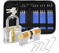XFLYP Juego de Ganzúas 25 Piezas, Ganzua de Cerrajería con 2 Cerraduras Transparentes, Tarjeta de Crédito y Bolsos de Cuero, Lockpicking Set para Principiantes y Cerrajeros