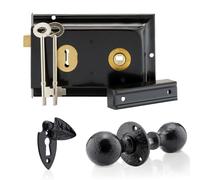 XFORT Smithy's Range - Juego de pomos de borde con forma de bola, color negro antiguo, completo con un bloqueo de borde, pomo de puerta de borde redondo y escudo con cubierta de ojo de cerradura