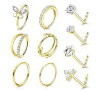 XFSRG 10 Aros de Nariz de Acero 316L para Tabique con Circonita Cúbica Chapado en Oro 14 Quilates Mujer 20G Hipoalergénicos para Estilo Diario Fiestas y Piel Sensible