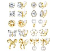XFSRG 10 Pares Pendientes Clip Mujer Zirconia Pearl Mariposa y Flores Clip On Earrings Hipoalergénicos Pendientes sin Agujero para Joyería Mujer Niñas (Oro)