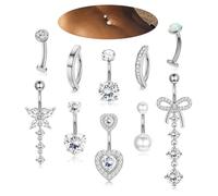 XFSRG 10 Piezas 14G Piercing Ombligo para Mujeres Hängendes Bauchnabelpiercing Corazón Mariposa Anillos para Ombligo Set Colgante Corporal Verano Playa (Plata)