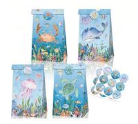 XFSRG 12 Piezas Bolsas Regalo Criaturas Marinas Gran Capacidad Bolsa Regalo Incluye Pegatinas Bolsas Papel Divertido y Adorable para Fiestas de Cumpleaños Dulces Envoltorios