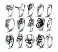 XFSRG 15 Piezas Anillos Vintage Punk para Hombre Mujer Gótico Apilables Anillos Knuckle Finger Rings Anillo Grueso Bohemio Y2K Mariposa Serpiente Calavera Corazón Flores Juego de Anillo (B)