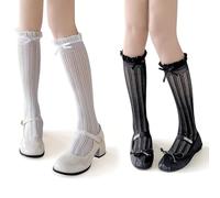 XFSRG 2 Pares Calcetines Hasta Rodilla para Mujer Medias de Encaje Transparentes para Vida Diaria Fiesta y Oktoberfest Niños Mujeres (Blanco + Negro)