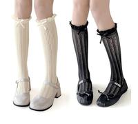 XFSRG 2 Pares Calcetines Hasta Rodilla para Mujer Medias de Encaje Transparentes para Vida Diaria Fiesta y Oktoberfest Niños Mujeres (Beige + Negro)