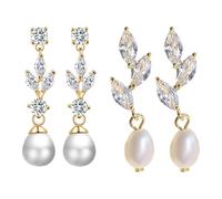 XFSRG 2 Pares Pendientes Colgantes Mujer Oro Gota Perlas Hojas Circonita Elegantes Largos Aretes para Mujeres Joyeria Fiesta Boda