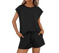 XFSRG 2 Piezas Chandal Mujer Verano Camiseta Manga Corta y Pantalón Corto Deportivo Casual Conjunto con Bolsillos para Fitness Running Jogging(Negro/M)