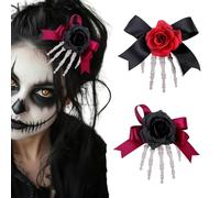 XFSRG 2 Piezas Pinzas Pelo Mujer Esqueleto Mano Fantasma de Rose Moda Decoración Góticas Accesorios para Halloween Cosplay Fiesta(Rojo+Negro)
