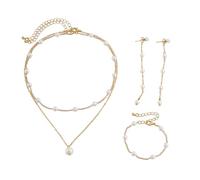 XFSRG 3 Piezas Collar de Perlas Doble Capa Pendientes Pulsera Conjunto Joyería con Perla Colgante Gargantilla Multicapa Collar de Perlas para Mujer