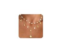 XFSRG 3 Piezas Collar para Mujer Collar de Oro de 14K Multicapa Estilo Concha de Perlas Colgante Cadena Oro Ajustable en Capas Regalos para Mujeres Y Niñas (Gold 2)