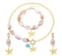 XFSRG 3 Piezas Conjunto de Bisutería Oceánica Estrella Mar Juego Joyas Bohemias Concha Joyería Temática Marina Collar Playa Concha Estrella de Mar Pendientes Pulsera (Blanco)