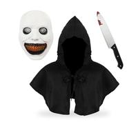 XFSRG 3 Piezas Halloween Mascara Terror Capa y Falso Cuchillo Sangriento Set de Demonio Sonriente Máscara Ghostface para Eventos Fiestas Disfraces