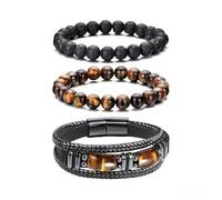 XFSRG 3 Piezas Pulsera De Cuero Para Hombre Ojo de Tigre Multicapa con Cierre Magnético 18cm Accesorio Masculino Casual Outdoor Estilo y Protección