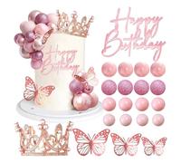 XFSRG 34 Piezas Decoracion Tarta Corona con Bolas y Mariposas Cake Topper Decoración para Bodas Cumpleaños Celebraciones(Rosa)