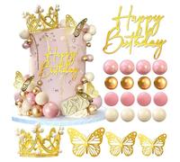 XFSRG 39 Piezas Decoracion Tarta Corona con Bolas y Mariposas Cake Topper Decoración para Bodas Cumpleaños Celebraciones(Ororosa)