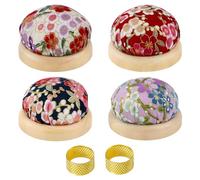 XFSRG 4 Almohadilla de Costura con Base Madera y 2 Dedales Metálicos Cojín Aguja Madera Redondo Alfiletero de Alfileres Floral Alfileteros Costura Bordado Accesorios Kit 6 Piezas (Set1)