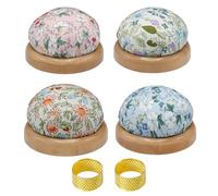 XFSRG 4 Almohadilla de Costura con Base Madera y 2 Dedales Metálicos Cojín Aguja Madera Redondo Alfiletero de Alfileres Floral Alfileteros Costura Bordado Accesorios Kit 6 Piezas (Set2)