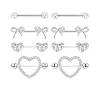 XFSRG 4 Pares 14G Piercing Pezon Body Piercing Nipple Stainless Steel Nipple Corazón Circonita Cúbica Barbell Conjunto de Joyería Corporal para Mujeres (Plata)