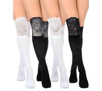 XFSRG 4 Pares Calcetines Hasta la Rodilla para Mujer Encaje Calcetines Altos hasta el Muslo Raya Escuela de Cosplay Casual Sobre la Rodilla