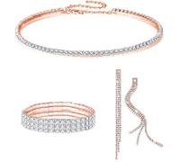 XFSRG 4 Piezas Borla Larga Joyas de Mujer Conjunto Collar y Pendientes Pulsera Gargantilla Cristal Juego de Joyas para Mujer Brillante Elegante Regalo Navidad Boda Fiesta Aniversario (Oro rosa)