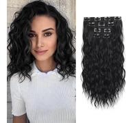 XFSRG 4 Piezas Clip en Extensiones de Cabello 35cm Ondulado Clip in Hair Extensions para Mujer Extensión De Pelo Humano Clips Sintética Natural Postizos (Negro)