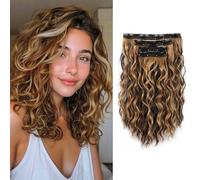 XFSRG 4 Piezas Clip en Extensiones de Cabello 35cm Ondulado Clip in Hair Extensions para Mujer Extensión De Pelo Humano Clips Sintética Natural Postizos (Marrón claro)