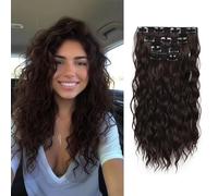XFSRG 4 Piezas Clip en Extensiones de Cabello 35cm Ondulado Clip in Hair Extensions para Mujer Extensión De Pelo Humano Clips Sintética Natural Postizos (Marrón oscuro)