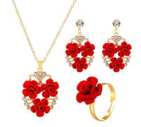 XFSRG 4 Piezas Corazón Joyas de Mujer Floral Conjunto Joyería Set Rosas Collar y Pendientes Anillos Moda Accesorios Romántico Elegante Regalo Navidad Aniversario Boda Fiesta