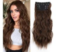 XFSRG 4 Piezas Extensiones Cabello Clip Ondulado 55cm Largo Peluca Sintética Natural Voluminosa(Marrón-1)