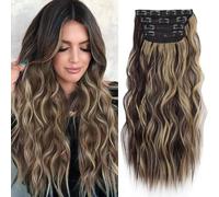 XFSRG 4 Piezas Extensiones Cabello Clip Ondulado 55cm Largo Peluca Sintética Natural Voluminosa(Marrón-2)