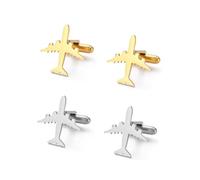 XFSRG 4 Piezas Gemelos Camisa Hombre Avión de Acero Inoxidable Temática Aviación Camisas y Trajes Accesorios para Bodas Negocios Viajes(Oro + Plata)