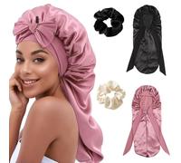 XFSRG 4 Piezas Gorro de Seda y Elástico Pelo Gomas Set Suave Rizado Gorro Ajustable para Grueso Rizado Mujeres (Negro + oro rosa)