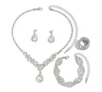 XFSRG 4 Piezas Joyas de Mujer Anillo Collar Diamantes de Imitación Pendientes Pulsera Joyas Joyería Set Regalo para Ella Eventos Especiales