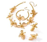 XFSRG 4 Piezas Joyas de Mujer Floral Collar Pulsera Pendientes Anillo Set Elegante Vintage Ajustable Joyería Regalo para Bodas San Valentin (Oro #2)