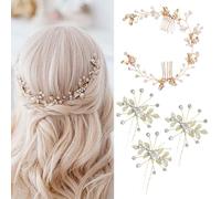 XFSRG 4 Piezas Peine para el Cabello Nupcial Horquillas Pelo Boda de Diamantes de Imitación y Perlas Hojas Tiara Nupcial Accesorios para Novias y Damas de Honor (Dorado)