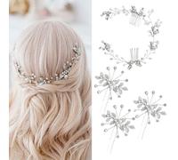 XFSRG 4 Piezas Peine para el Cabello Nupcial Horquillas Pelo Boda de Diamantes de Imitación y Perlas Hojas Tiara Nupcial Accesorios para Novias y Damas de Honor (Plateado)