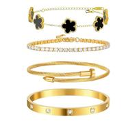 XFSRG 4 Piezas Pulsera Mujer Elegante Trébol de Cuatro Hojas Acero Inoxidable Ajustable Apilables Pulseras la Suerte Regalos para Vida Diaria Bodas(Negro)