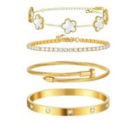 XFSRG 4 Piezas Pulsera Mujer Elegante Trébol de Cuatro Hojas Acero Inoxidable Ajustable Apilables Pulseras la Suerte Regalos para Vida Diaria Bodas(Blanco)
