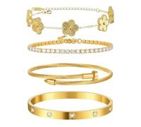 XFSRG 4 Piezas Pulsera Mujer Elegante Trébol de Cuatro Hojas Acero Inoxidable Ajustable Apilables Pulseras la Suerte Regalos para Vida Diaria Bodas(Oro)