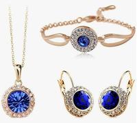 XFSRG 4 Piezas Redondo Joyas de Mujer Conjunto Cristal Collar y Pendientes Pulsera Joyería Set Elegante Accesorios Regalo Navidad Cumpleaños Aniversario Boda Fiesta (Azul)