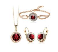 XFSRG 4 Piezas Redondo Joyas de Mujer Conjunto Cristal Collar y Pendientes Pulsera Joyería Set Elegante Accesorios Regalo Navidad Cumpleaños Aniversario Boda Fiesta (Rojo)