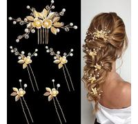 XFSRG 5 Piezas Accesorios Para El Cabello De Flores Horquillas para el Pelo Boda Peine Cabello de Novia Hojas Tiara Nupcial Accesorios para Hair Clips Mujer (Dorado)