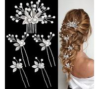 XFSRG 5 Piezas Accesorios Para El Cabello De Flores Horquillas para el Pelo Boda Peine Cabello de Novia Hojas Tiara Nupcial Accesorios para Hair Clips Mujer (Plateado)