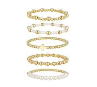 XFSRG 5 Piezas Pulseras Mujer Conjunto de Piedras Naturales con Cuentas Doradas Pulsera Cuarzo Blanco Apilables Pulseras Elasticas Bohemias Ajustables(Oro-2)