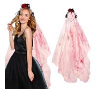 XFSRG 5 Piezas Velo de Encaje Novia Sangriento con Rosas Halloween Diadema Mexicana Día de Muertos Corona Flores con Rosas Naranjas y Decoraciones Calavera Halloween Cara Tatuajes Temporales