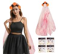 XFSRG 5 Piezas Velo de Encaje Novia Sangriento con Rosas Halloween Diadema Mexicana Día de Muertos Corona Flores con Rosas Naranjas y Decoraciones Calavera Halloween Cara Tatuajes Temporales